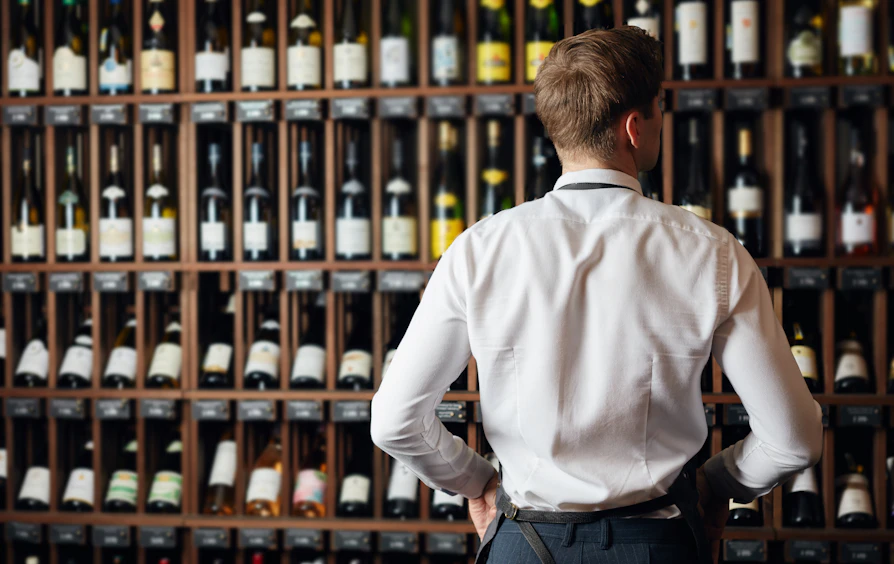 Buyer selecting from a full wall of wine